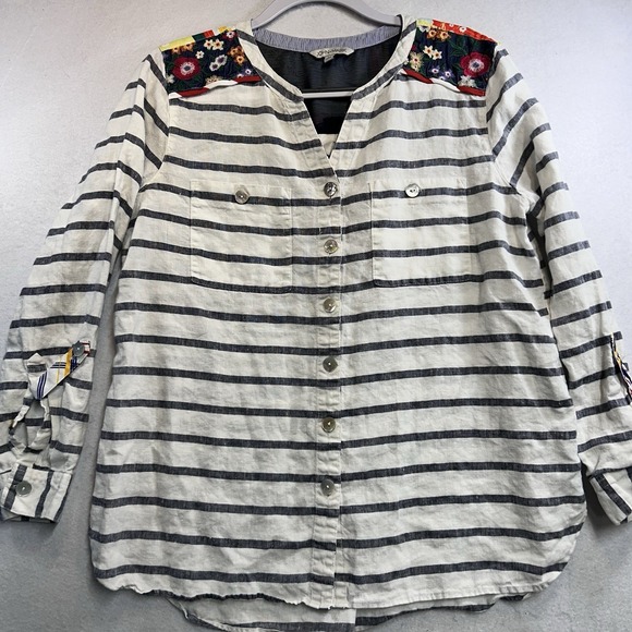 white birch Tops - John Mark Linen Floral Embroidered Blouse Size M Blue And White Striped